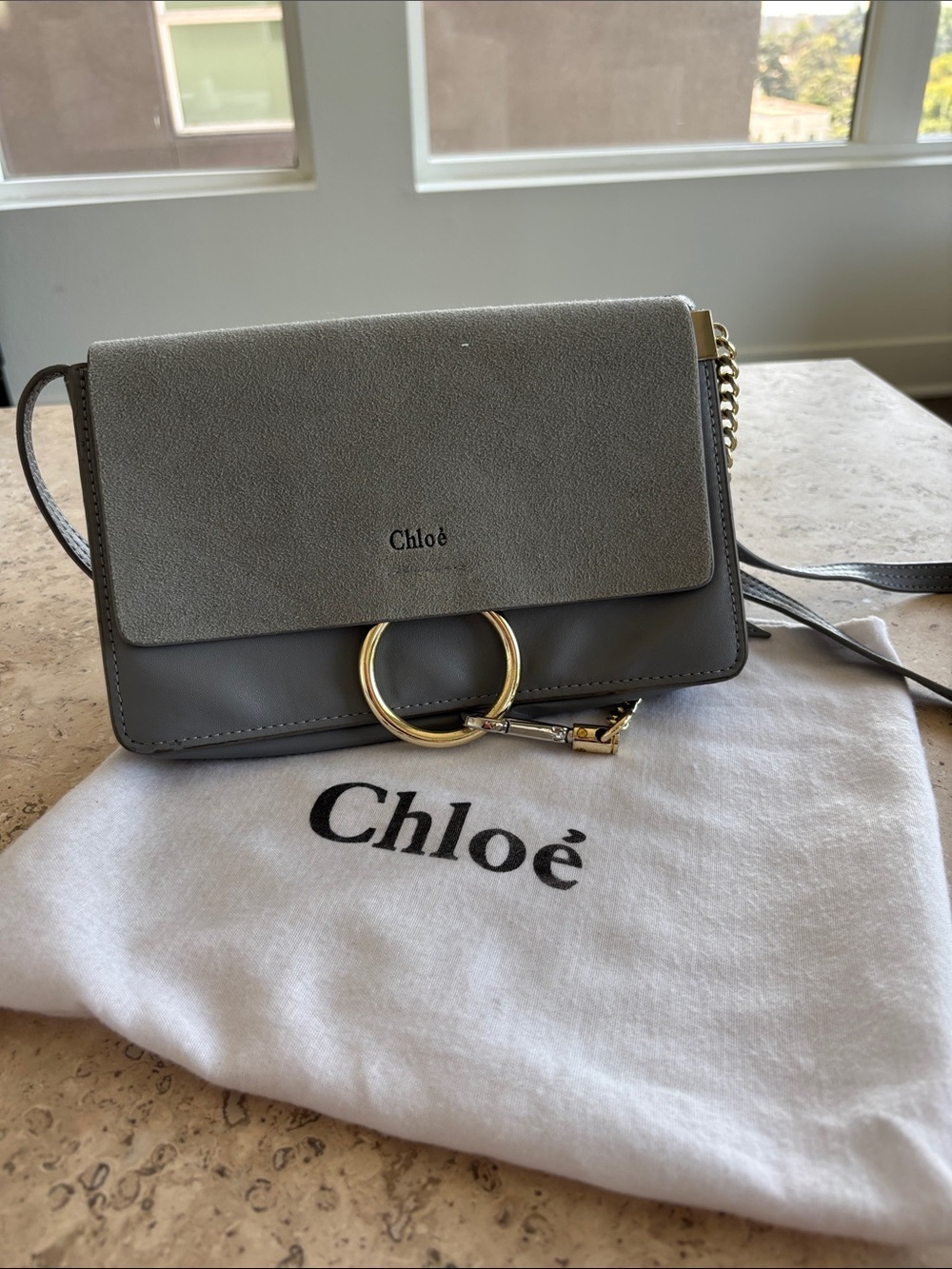 Blue/Gray Faux Leather & Suede Shoulder Bag
